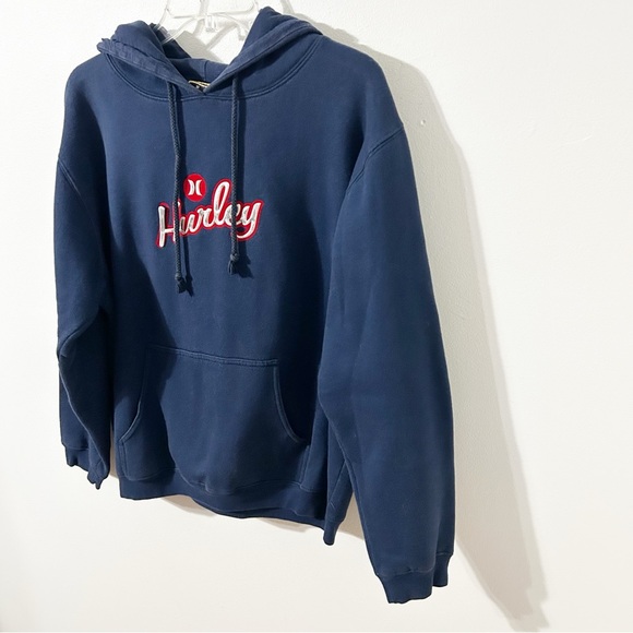 Hurley Blue Pullover Hoodie with Drawstring Sweatshirt Ribbed Cuffs / Waistline - Picture 3 of 11